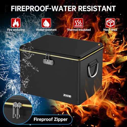 ZOOPIP Fireproof Document Box,Hard Case File Organizer with Fireproof Zipper&Threads,Non-Foldable Filing Cabinet with Lock, Portable Office Safe Box Storage for Hanging Letter Folder,Valuables,Black - Image 2