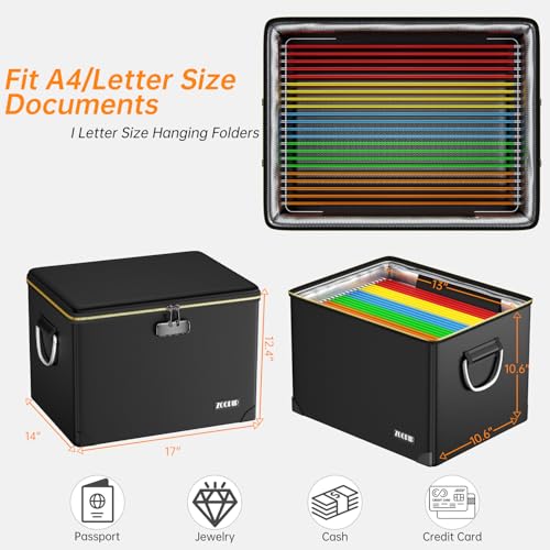 ZOOPIP Fireproof Document Box,Hard Case File Organizer with Fireproof Zipper&Threads,Non-Foldable Filing Cabinet with Lock, Portable Office Safe Box Storage for Hanging Letter Folder,Valuables,Black - Image 5