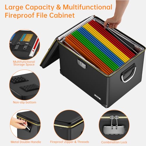 ZOOPIP Fireproof Document Box,Hard Case File Organizer with Fireproof Zipper&Threads,Non-Foldable Filing Cabinet with Lock, Portable Office Safe Box Storage for Hanging Letter Folder,Valuables,Black - Image 3
