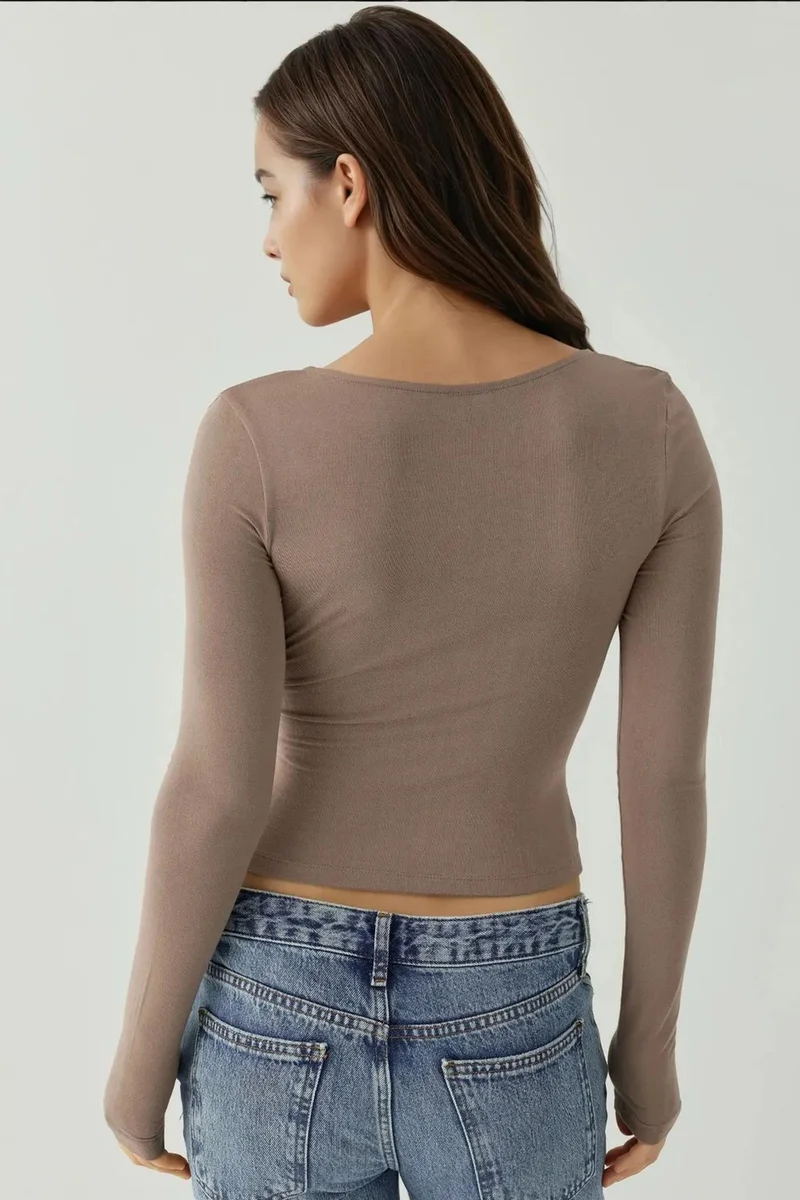 Hiccup Beaver Brown Slim Fit Soft Touch V-Neck Long Sleeve Top for Women | Best Price UAE