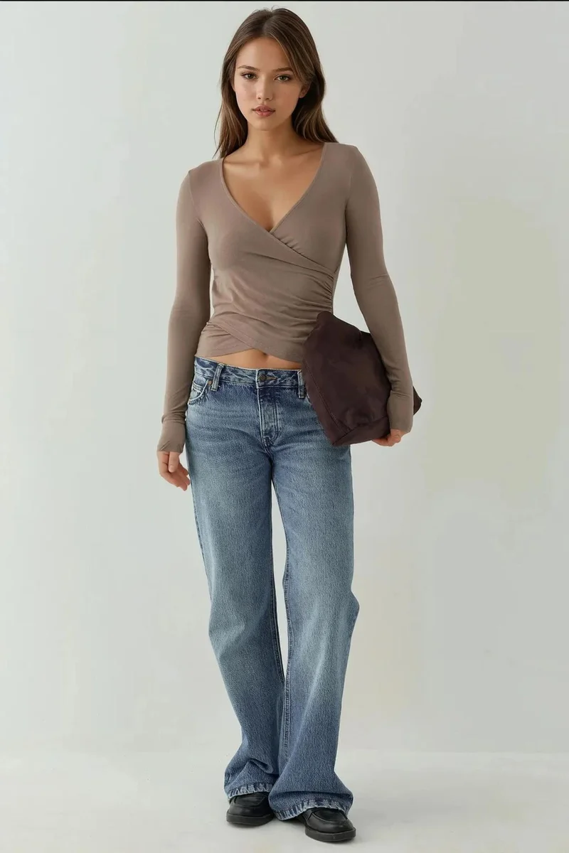 Hiccup Beaver Brown Slim Fit Soft Touch V-Neck Long Sleeve Top for Women | Best Price UAE