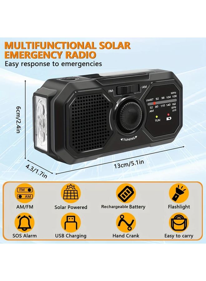 Black Sayin Portable Solar Charging Emergency Radio With Built In Flashlight USB Charging 18650 Lithium Battery Handsfree Broadcasting Durable Construction For Outdoor Camping Hiking - Image 2