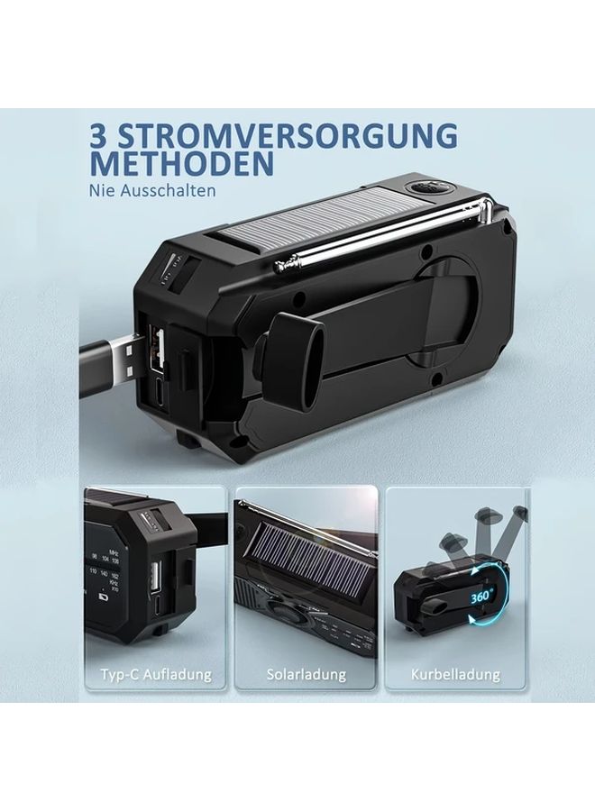 Black Sayin Portable Solar Charging Emergency Radio With Built In Flashlight USB Charging 18650 Lithium Battery Handsfree Broadcasting Durable Construction For Outdoor Camping Hiking - Image 3