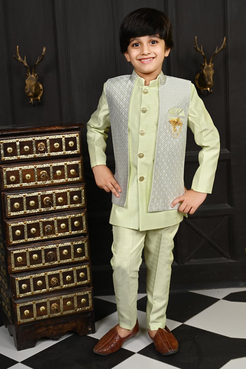 AHHAAAA Kids Indian Ethnic Silk Blend Waistcoat Regular Fit Kurta Pyjama Set Traditional Bollywood Style Wedding Sherwani for Boys, Light Green, 2-3 Years - Image 2