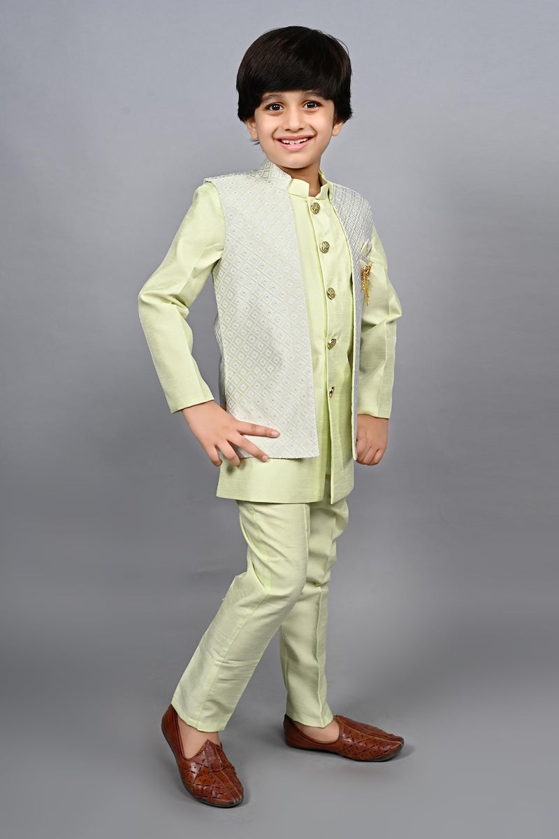AHHAAAA Kids Indian Ethnic Silk Blend Waistcoat Regular Fit Kurta Pyjama Set Traditional Bollywood Style Wedding Sherwani for Boys, Light Green, 2-3 Years - Image 4