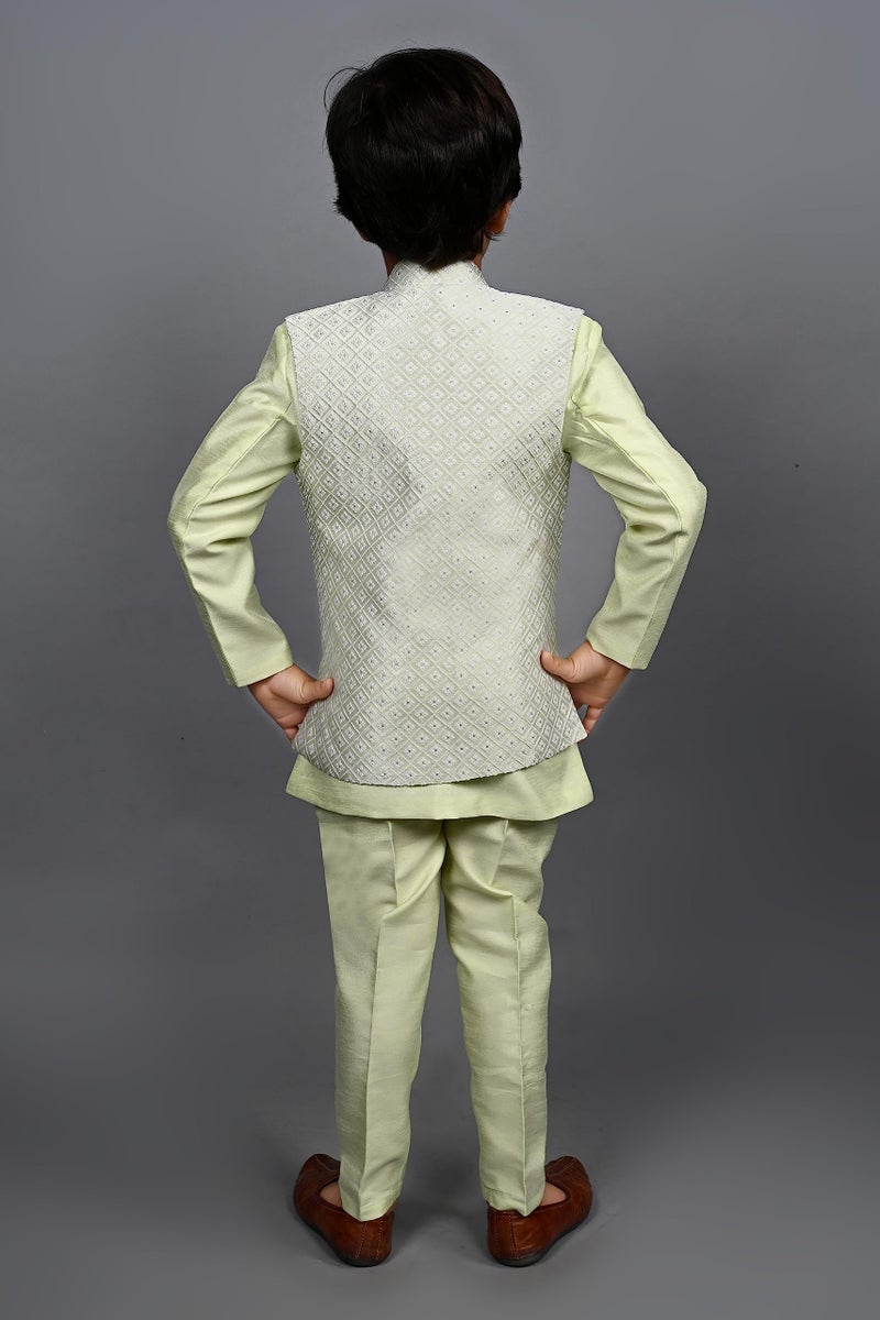AHHAAAA Kids Indian Ethnic Silk Blend Waistcoat Regular Fit Kurta Pyjama Set Traditional Bollywood Style Wedding Sherwani for Boys, Light Green, 2-3 Years - Image 5