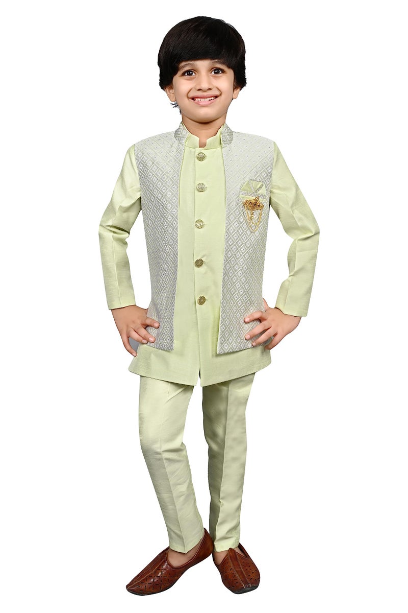 AHHAAAA Kids Indian Ethnic Silk Blend Waistcoat Regular Fit Kurta Pyjama Set Traditional Bollywood Style Wedding Sherwani for Boys, Light Green, 2-3 Years - Image 1