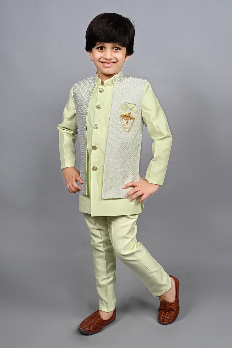 AHHAAAA Kids Indian Ethnic Silk Blend Waistcoat Regular Fit Kurta Pyjama Set Traditional Bollywood Style Wedding Sherwani for Boys, Light Green, 2-3 Years - Image 3
