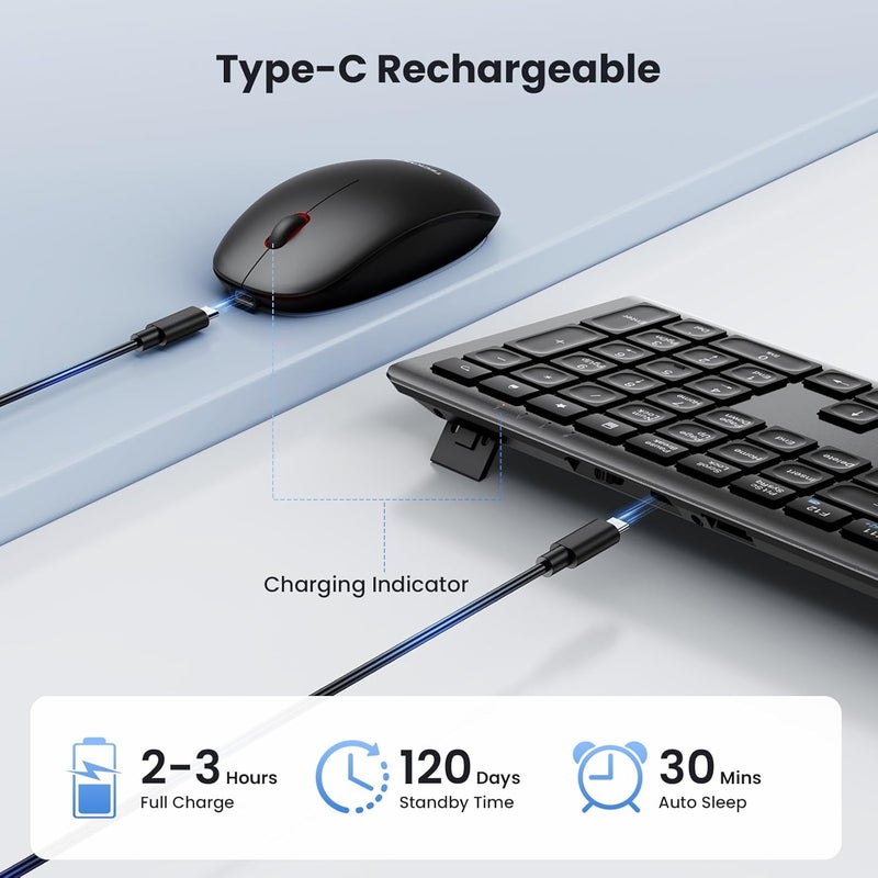 TECKNET Wireless Keyboard and Mouse Combo, Rechargeable Ultra Thin Full-Size Cordless Keyboard and Silent Click Mouse Set, 2.4G Plug & Play, QWERTY UK Layout Keyboards for Windows PC Laptop Computer - Image 4