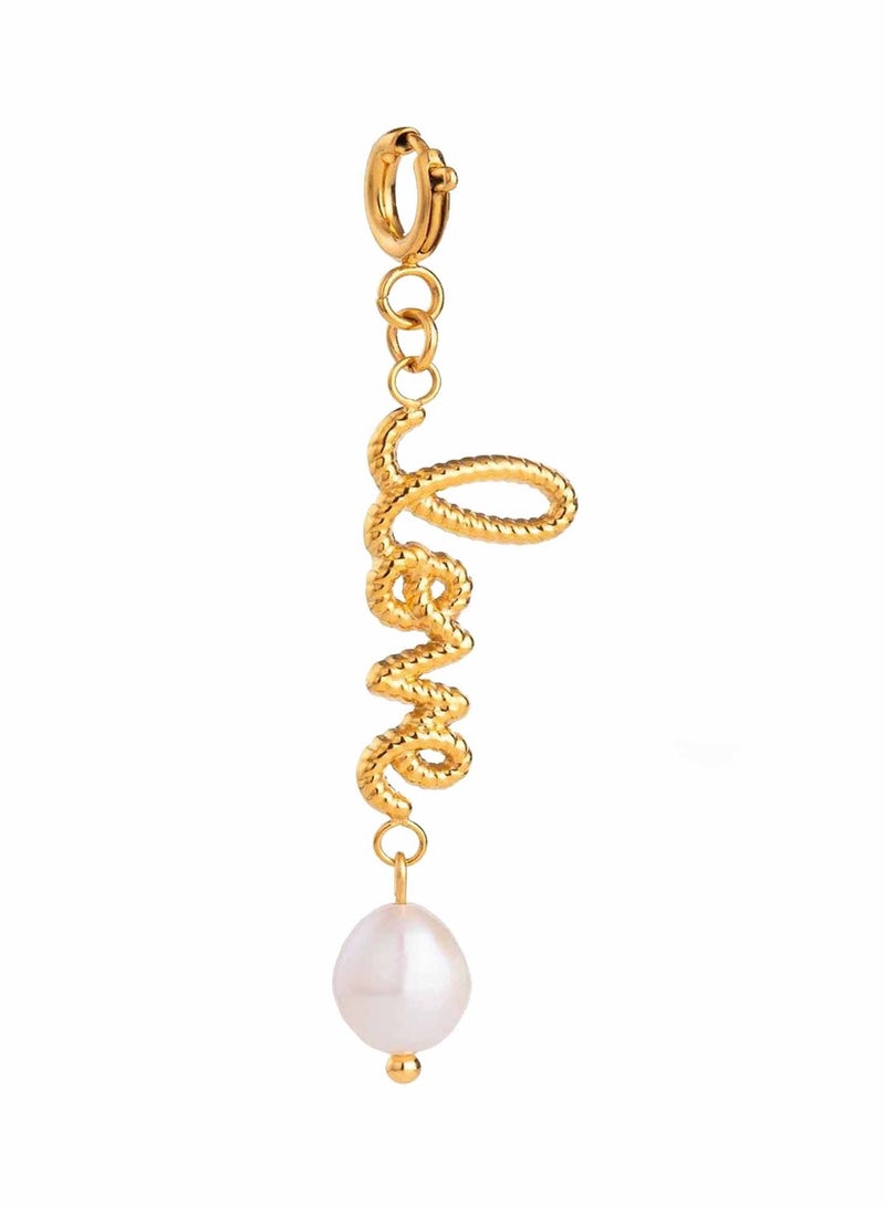 KAAF CREATIONS Love Script Pearl Drop Charm, 18K Gold Plated Stainless Steel, Single Dangle Charm for women and girls - Image 1