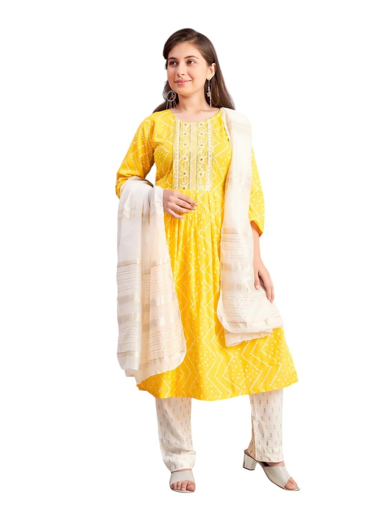 aarikka Aarika Girls Ethnic Wear Yellow Colour Bandhani Print Embroidey Rayon Kurti-8-15 Years (KURTI-TR-242) - Image 1