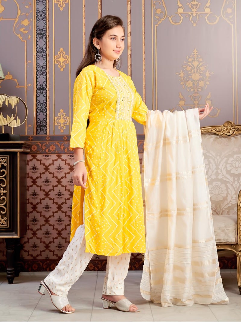 aarikka Aarika Girls Ethnic Wear Yellow Colour Bandhani Print Embroidey Rayon Kurti-8-15 Years (KURTI-TR-242) - Image 2