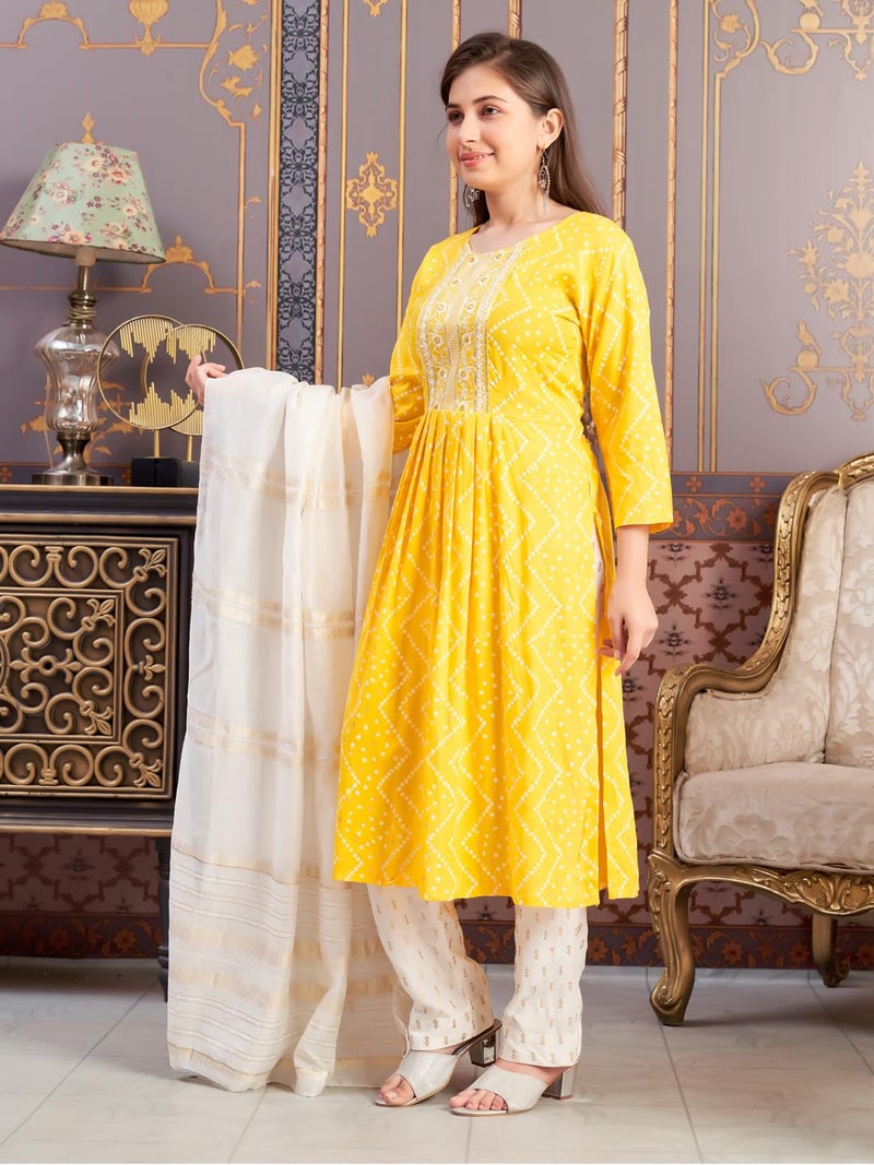aarikka Aarika Girls Ethnic Wear Yellow Colour Bandhani Print Embroidey Rayon Kurti-8-15 Years (KURTI-TR-242) - Image 3