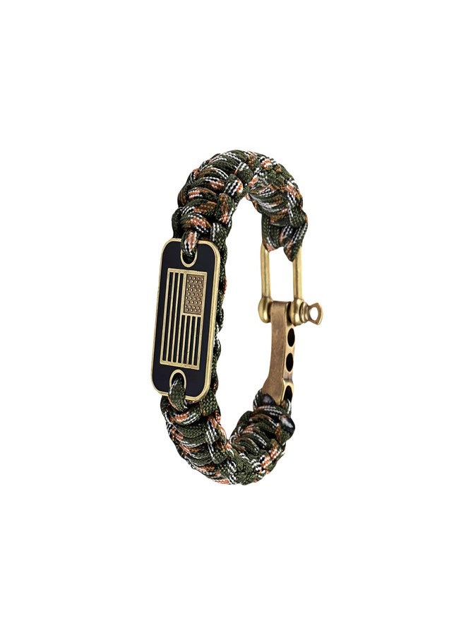 RyanDesign Patriotic Paracord Survival Bracelet for Men - Bronze US Flag Pendant Tactical Gear with Multi-Tool Functions, Adjustable Size (12-25cm), Green Camo Gold Thread Design - Image 1