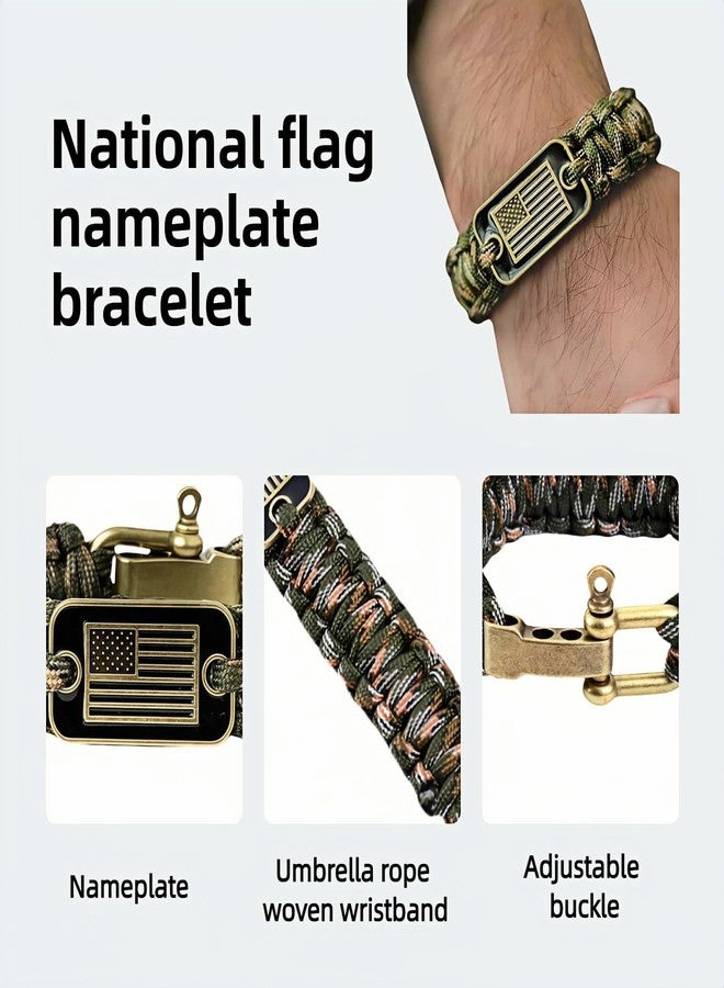 RyanDesign Patriotic Paracord Survival Bracelet for Men - Bronze US Flag Pendant Tactical Gear with Multi-Tool Functions, Adjustable Size (12-25cm), Green Camo Gold Thread Design - Image 2