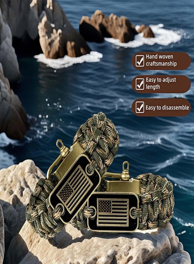 RyanDesign Patriotic Paracord Survival Bracelet for Men - Bronze US Flag Pendant Tactical Gear with Multi-Tool Functions, Adjustable Size (12-25cm), Green Camo Gold Thread Design - Image 5