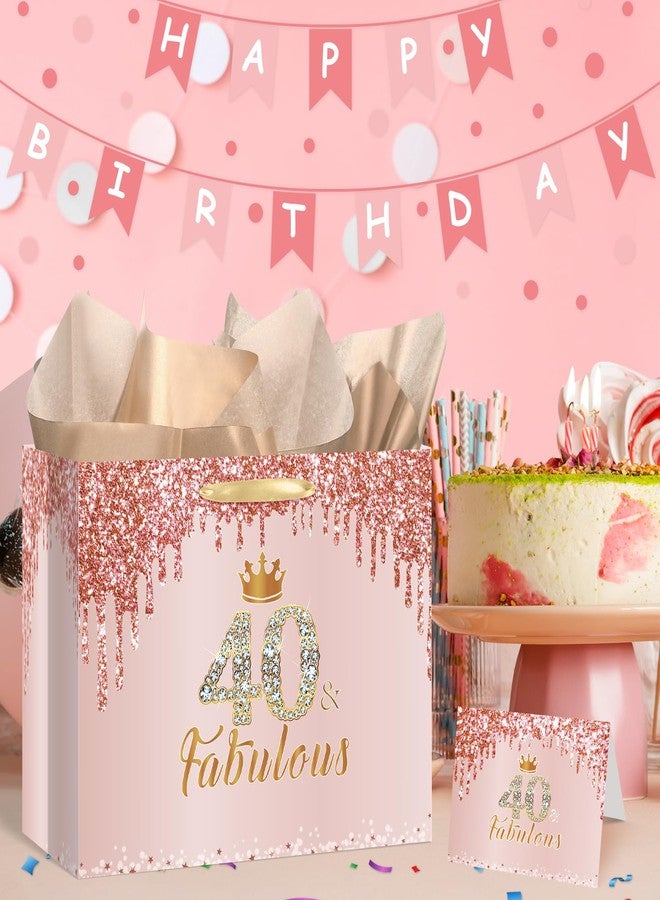 Yoirrat Rose Gold 40 and Fabulous 40th Birthday Gift Bag for Women Large Pink Happy 40th Birthday Gift Bag with Wrapping Paper and Card for 40th Forty Bday Decorations Party Supplies - Image 2