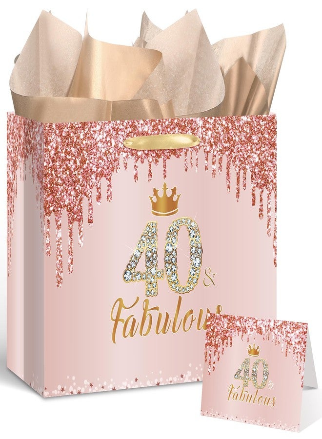Yoirrat Rose Gold 40 and Fabulous 40th Birthday Gift Bag for Women Large Pink Happy 40th Birthday Gift Bag with Wrapping Paper and Card for 40th Forty Bday Decorations Party Supplies - Image 1
