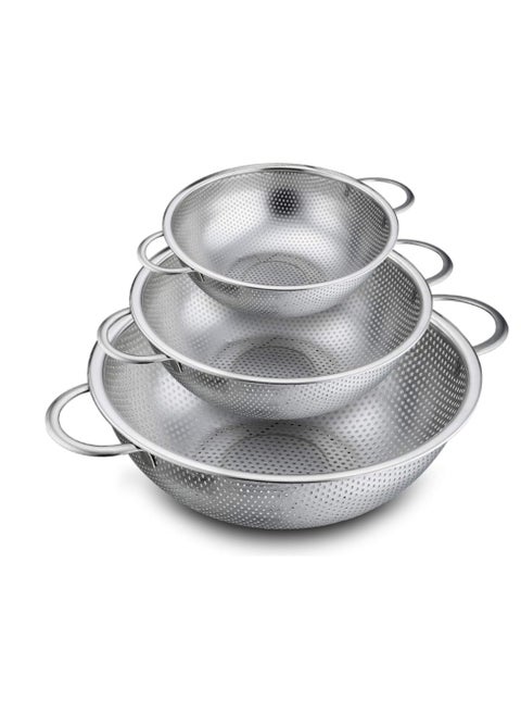 3 Pcs - CHEF Fine Hole Strainer Set of 3, 1/3/5 Quart, 3 sizes (11 inch, 8.8 inch , 6.5 inch) - Stainless Steel Fruit Rinser Drainer, Heavy Duty, Dishwasher Safe