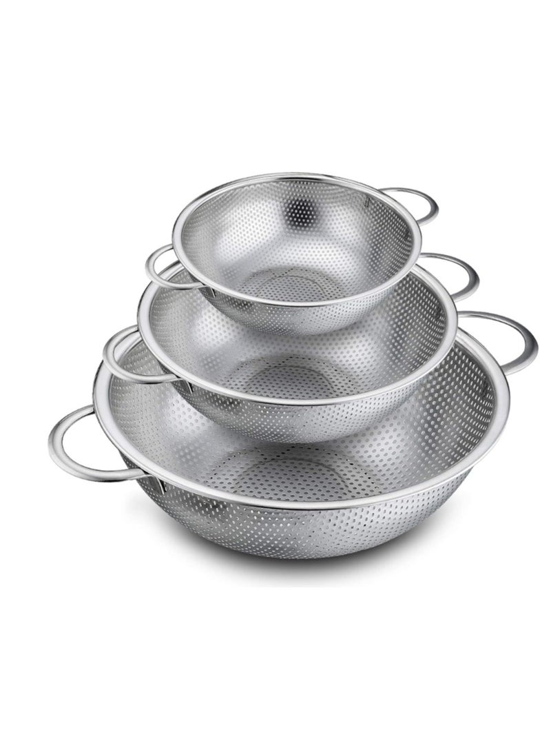 3 Pcs - CHEF Fine Hole Strainer Set of 3, 1/3/5 Quart, 3 sizes (11 inch, 8.8 inch , 6.5 inch) - Stainless Steel Fruit Rinser Drainer, Heavy Duty, Dishwasher Safe - Image 1