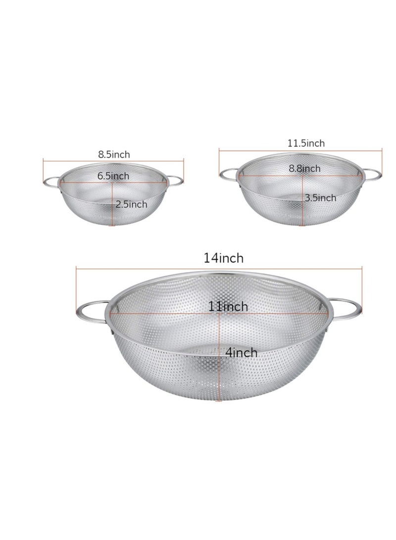 3 Pcs - CHEF Fine Hole Strainer Set of 3, 1/3/5 Quart, 3 sizes (11 inch, 8.8 inch , 6.5 inch) - Stainless Steel Fruit Rinser Drainer, Heavy Duty, Dishwasher Safe - Image 2