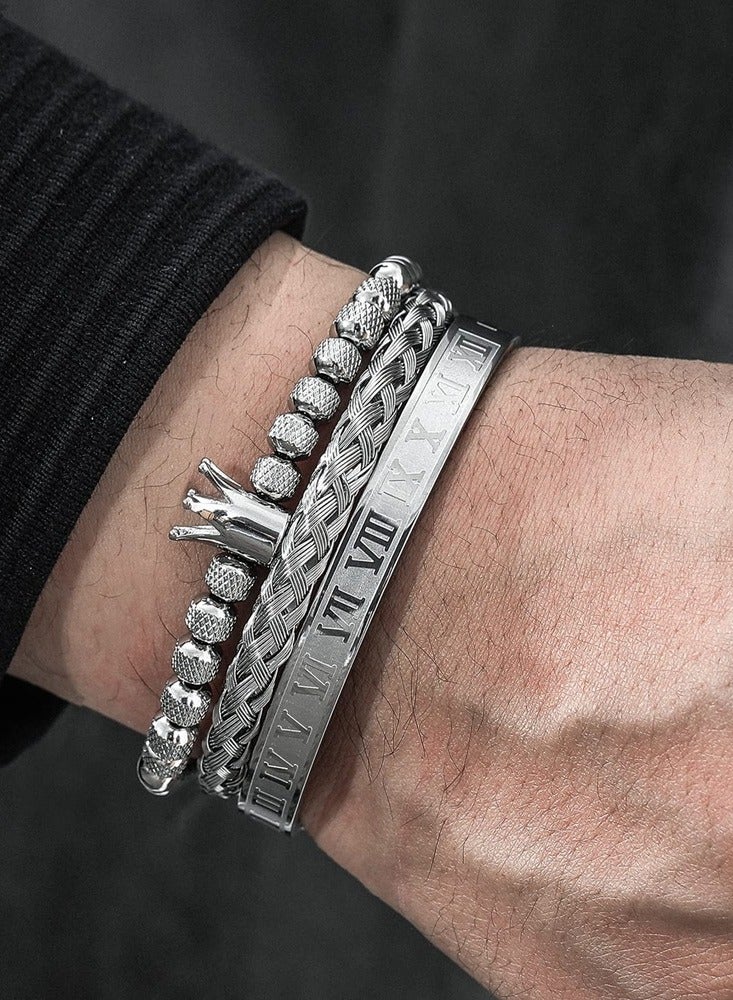 3 قطع أساور الفولاذ المقاوم للصدأ للرجال الرومانية الرقم الإسورة سوار قابل للتعديل الكفة سوار الملتوية كابل سوار رجالي أساور فاخرة مجوهرات هدايا فضية - Image 1