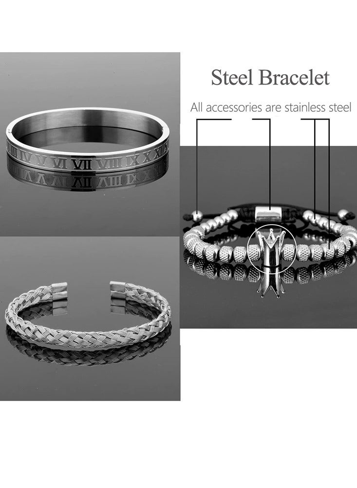 3 قطع أساور الفولاذ المقاوم للصدأ للرجال الرومانية الرقم الإسورة سوار قابل للتعديل الكفة سوار الملتوية كابل سوار رجالي أساور فاخرة مجوهرات هدايا فضية - Image 3