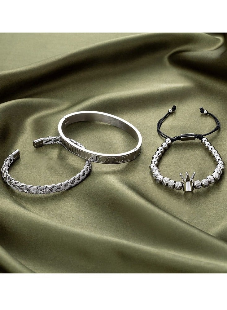 3 قطع أساور الفولاذ المقاوم للصدأ للرجال الرومانية الرقم الإسورة سوار قابل للتعديل الكفة سوار الملتوية كابل سوار رجالي أساور فاخرة مجوهرات هدايا فضية - Image 4