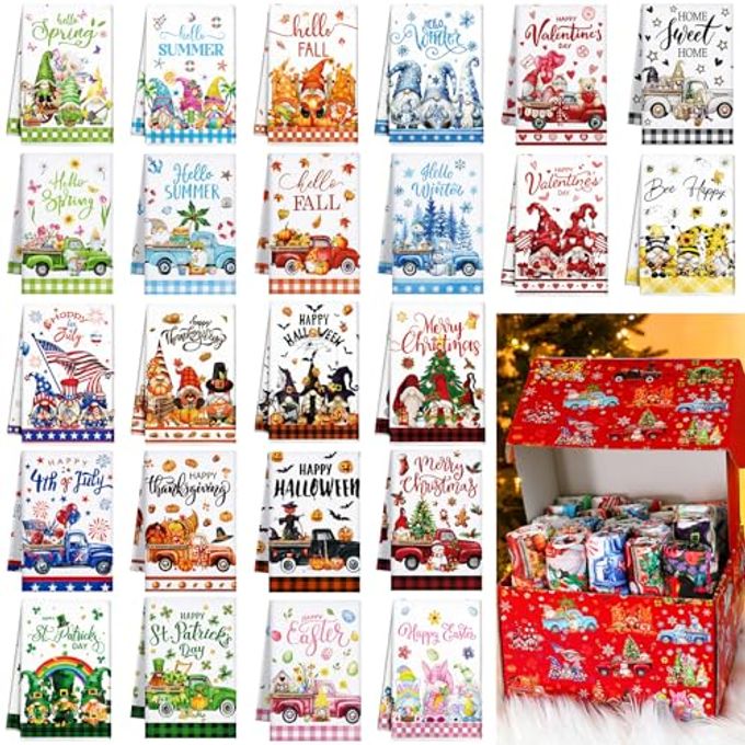 Vesici 24 Pcs Seasonal Kitchen Towels Set with Gift Box for All Holiday Valentine Gnome Themed Hand Dish Drying Tea Towels Cute Absorbent Dishcloths Kitchen Decorative Wash Cloths Gift for Home Decor