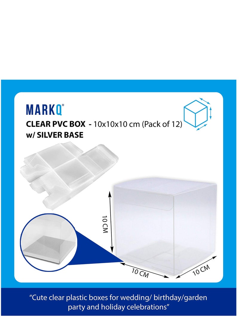 MARKQ صناديق هدايا شفافة مقاس 10x10x10 سم، 12 قطعة من صندوق شفاف من البولي فينيل كلوريد للهدايا والكعك والحلوى والبسكويت وحفلات الزفاف وحفلات استقبال المولود (قاعدة فضية) - Image 2