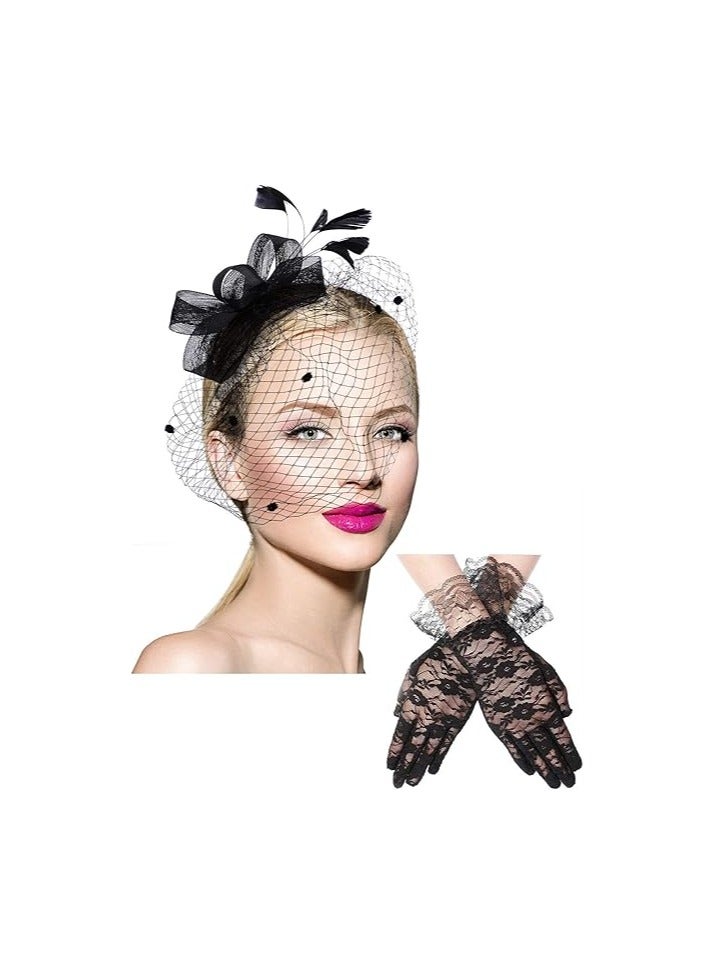 Bukela Hat for Women Hat, Pillbox Hat,  Bowknot Fascinator Hat Feathers Veil Mesh Headband and Short Lace Gloves Floral Lace Gloves  - Image 1
