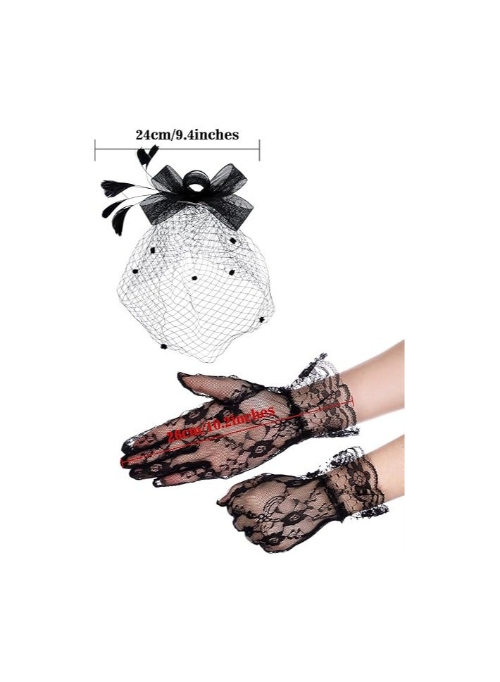 Bukela Hat for Women Hat, Pillbox Hat,  Bowknot Fascinator Hat Feathers Veil Mesh Headband and Short Lace Gloves Floral Lace Gloves  - Image 3