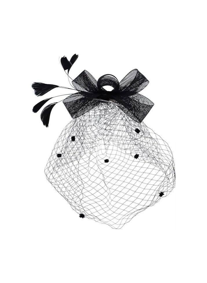 Bukela Hat for Women Hat, Pillbox Hat,  Bowknot Fascinator Hat Feathers Veil Mesh Headband and Short Lace Gloves Floral Lace Gloves  - Image 4