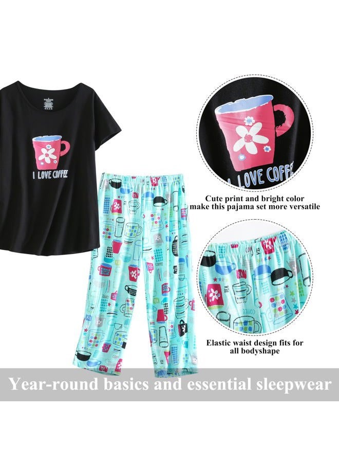 PNAEONG Women Pajama Set Sleepwear Tops with Capri Pants Casual and Fun Prints Pajama Sets, I Love Coffee, L - Image 4