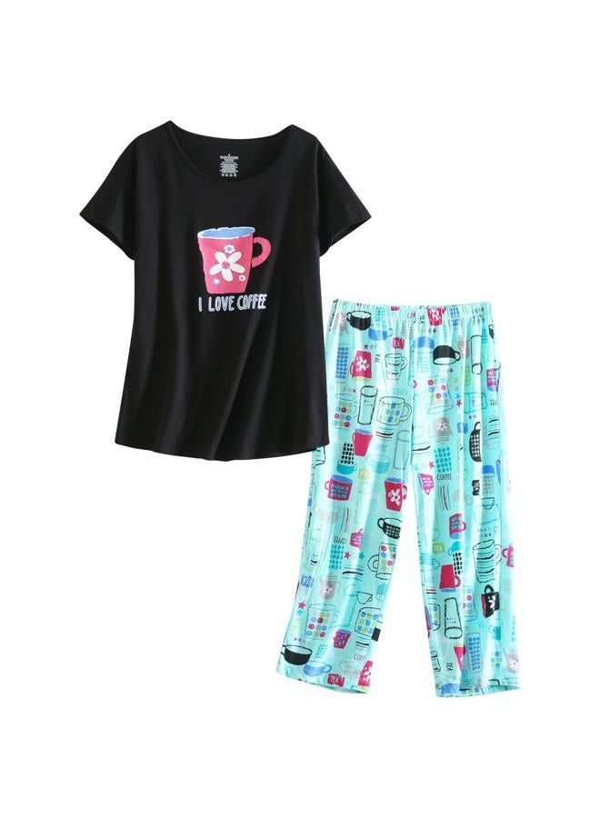 PNAEONG Women Pajama Set Sleepwear Tops with Capri Pants Casual and Fun Prints Pajama Sets, I Love Coffee, L - Image 1