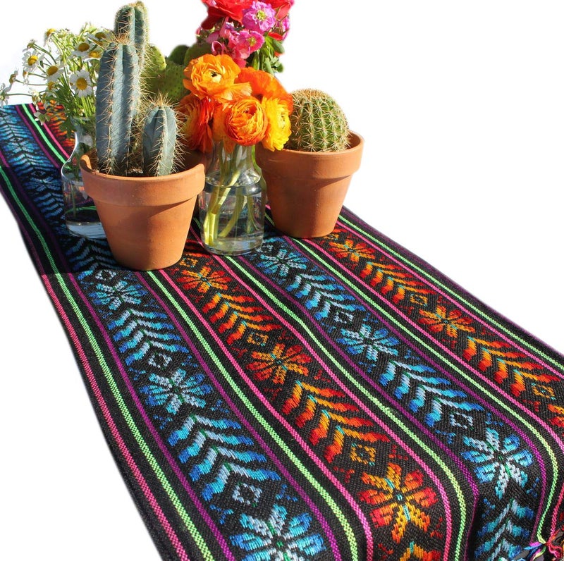 Del Mex Woven Rebozo Style Mexican Table Runner Scarf Black
