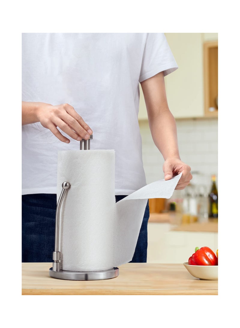 إكسفور Paper Towel Holder For One Hand Tear, Paper Towel Dispenser Standing Weighted Base Non Slip, Spring Arm Fit Most Size Paper Roll, Stainless Steel Paper Towel For Kitchen Countertop, Silver - Image 2