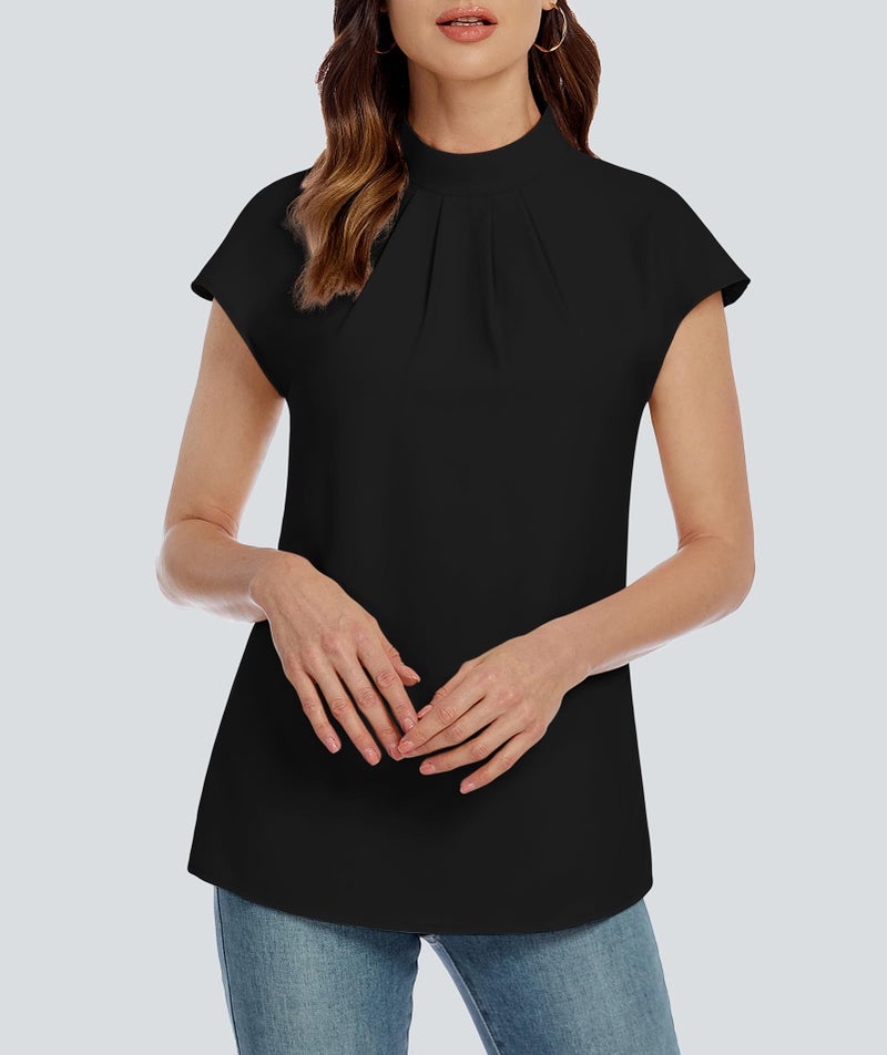 Funlingo Blouses for Women Dressy Casual Short Sleeve Tunic Black Top Mock Neck Summer Trendy Business Front Pleating Work Chiffon Shirts L - Image 5