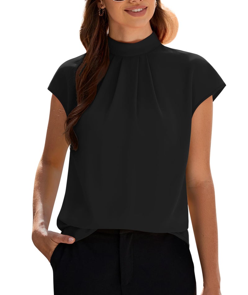 Funlingo Blouses for Women Dressy Casual Short Sleeve Tunic Black Top Mock Neck Summer Trendy Business Front Pleating Work Chiffon Shirts L - Image 1