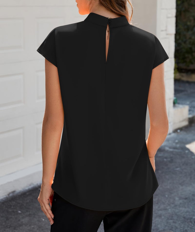 Funlingo Blouses for Women Dressy Casual Short Sleeve Tunic Black Top Mock Neck Summer Trendy Business Front Pleating Work Chiffon Shirts L - Image 2