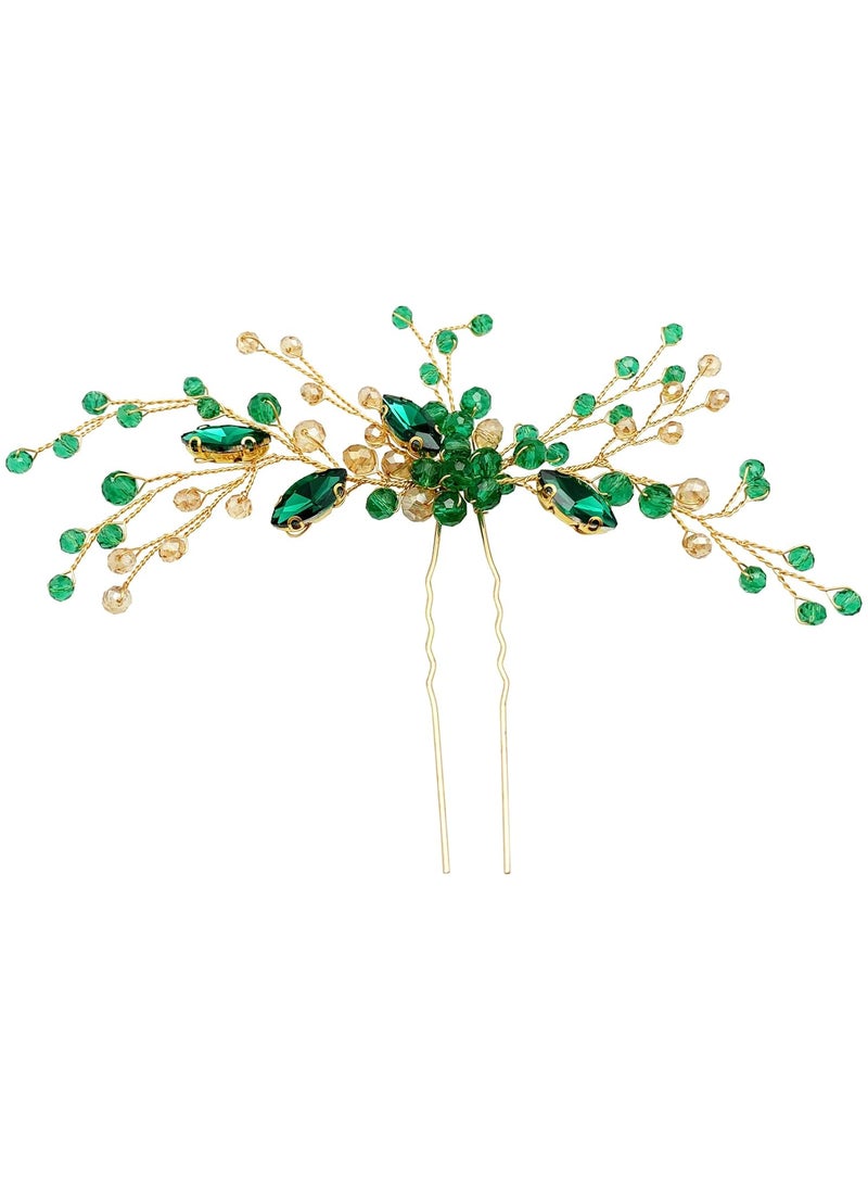 BETITETO - BETITETO Crystal Bridal Hair Pin Emerald Green Gold Hair Vine Accessories Headpiece Elegant for Wedding Party Banquet Emerald Green - Image 1