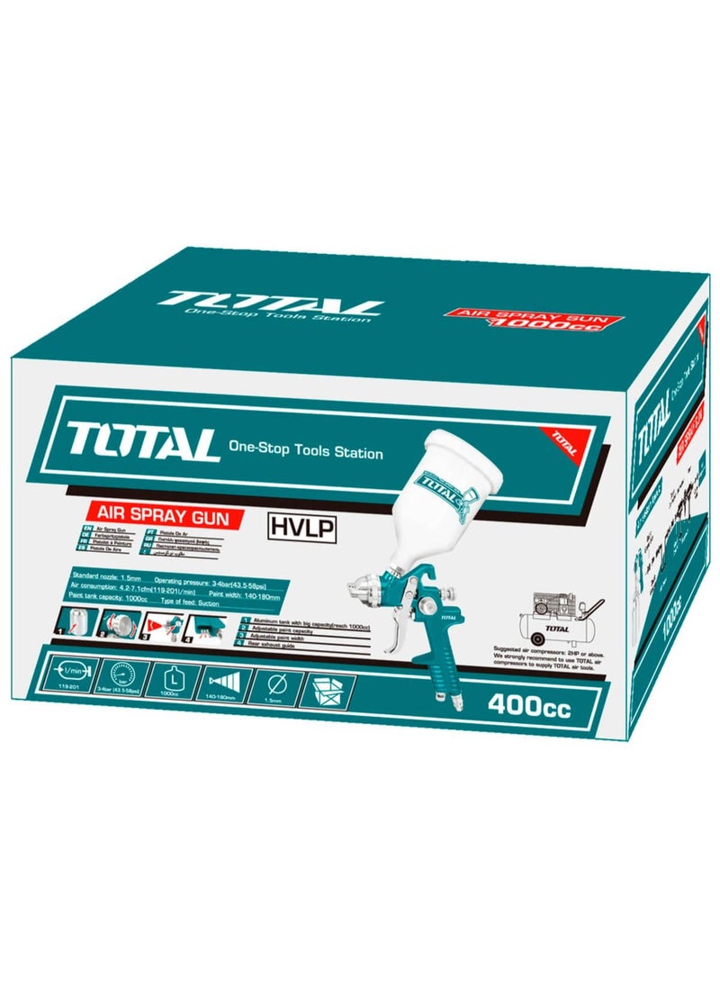 TOTAL 600cc Professional HYLP Spray Gun with 1.4mm Nozzle | Top Feed | Finishing Coat Spray Gun with 4 Connectors (EU, USA, Nitto, Italy) | Adjustable Pattern Width