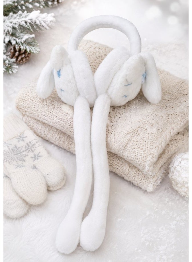 DAT Cute Bunny Plush Earmuffs with Floppy Ears, Soft Fluffy Winter Ear Warmers for Women & Girls – White - Image 2