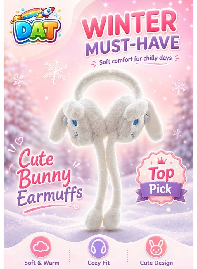 DAT Cute Bunny Plush Earmuffs with Floppy Ears, Soft Fluffy Winter Ear Warmers for Women & Girls – White - Image 1