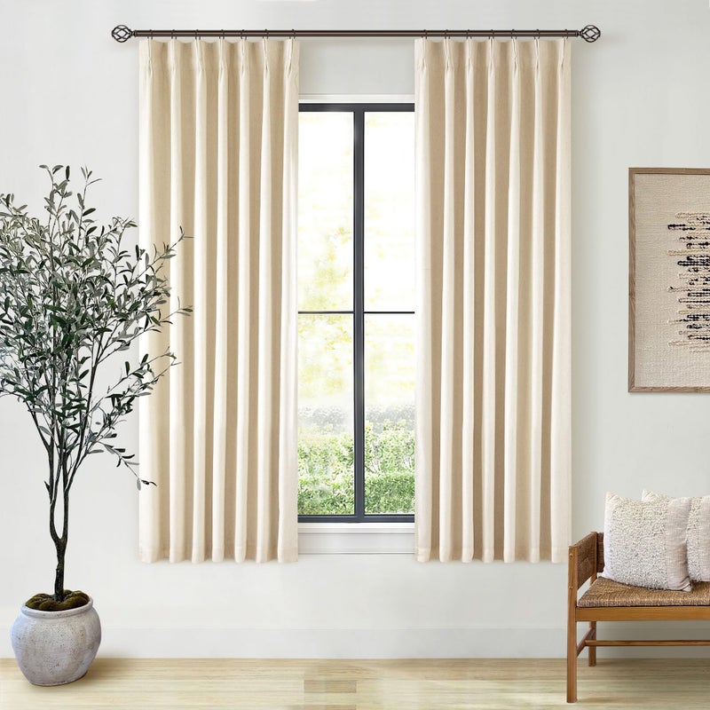 TWODRAPES Beige Sand 63 Inch Length Blackout Linen Curtains Pinch Pleated Curtains Drapes Back Tab Farmhouse 100% Black Out Short Room Darkening Pinch Pleat Drapes with Hooks Rings for Small Window Bedroom - Image 1