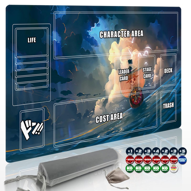 Extalas Playmat for One Piece Card Game (24x14 Inches): with Non-Slip Rubber, Zones Design, a Professional Storage Bag Included, Plus a Limited-Time Gift of a Set of 20 Damage Counters (Wave Boat) - Image 1