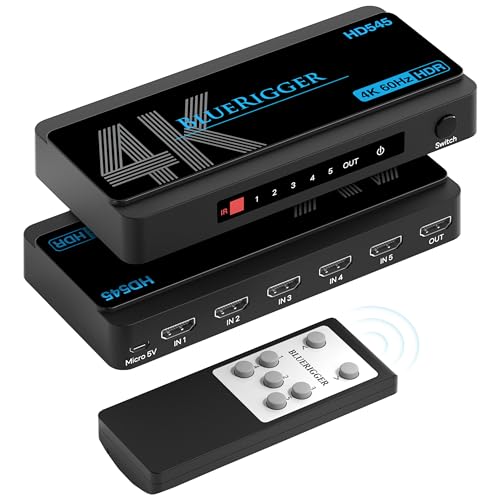 BlueRigger 4K HDMI Switch 5 in 1 Out (4K 60Hz, 5 Port Video Switcher, HDMI Hub, HDR10+, 18Gbps, Selector Box with IR Remote) – Compatible with HDTV, PS5, Xbox, Apple TV, Projector, Blu-Ray - Image 1