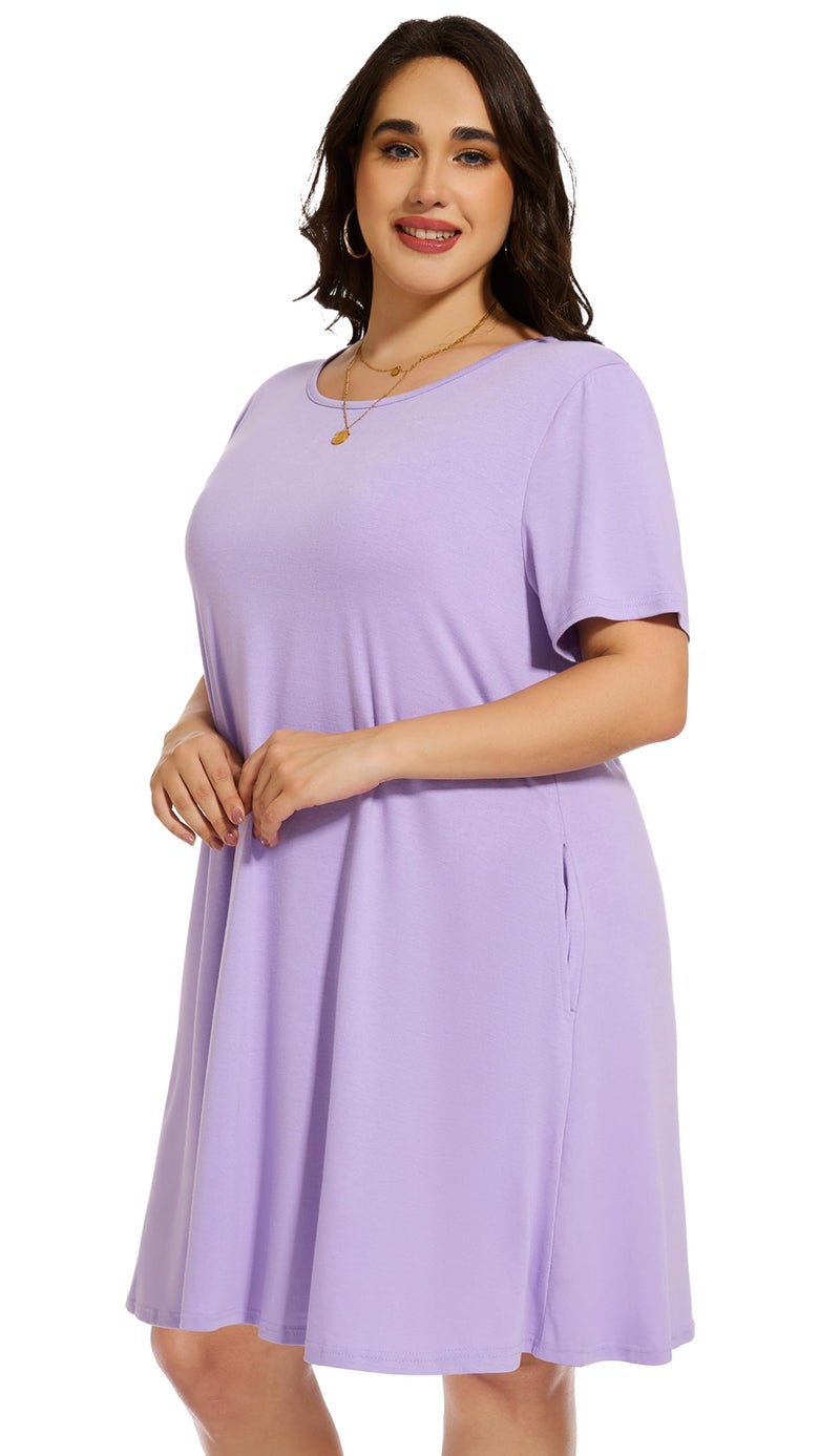 elescat Plus Size Summer Dresses for Women Casual Short Sleeve Pockets Loose Oversized T Shirt Sundress (Light Purple, 3XL) - Image 4