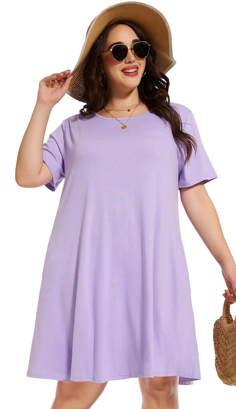 elescat Plus Size Summer Dresses for Women Casual Short Sleeve Pockets Loose Oversized T Shirt Sundress (Light Purple, 3XL) - Image 5