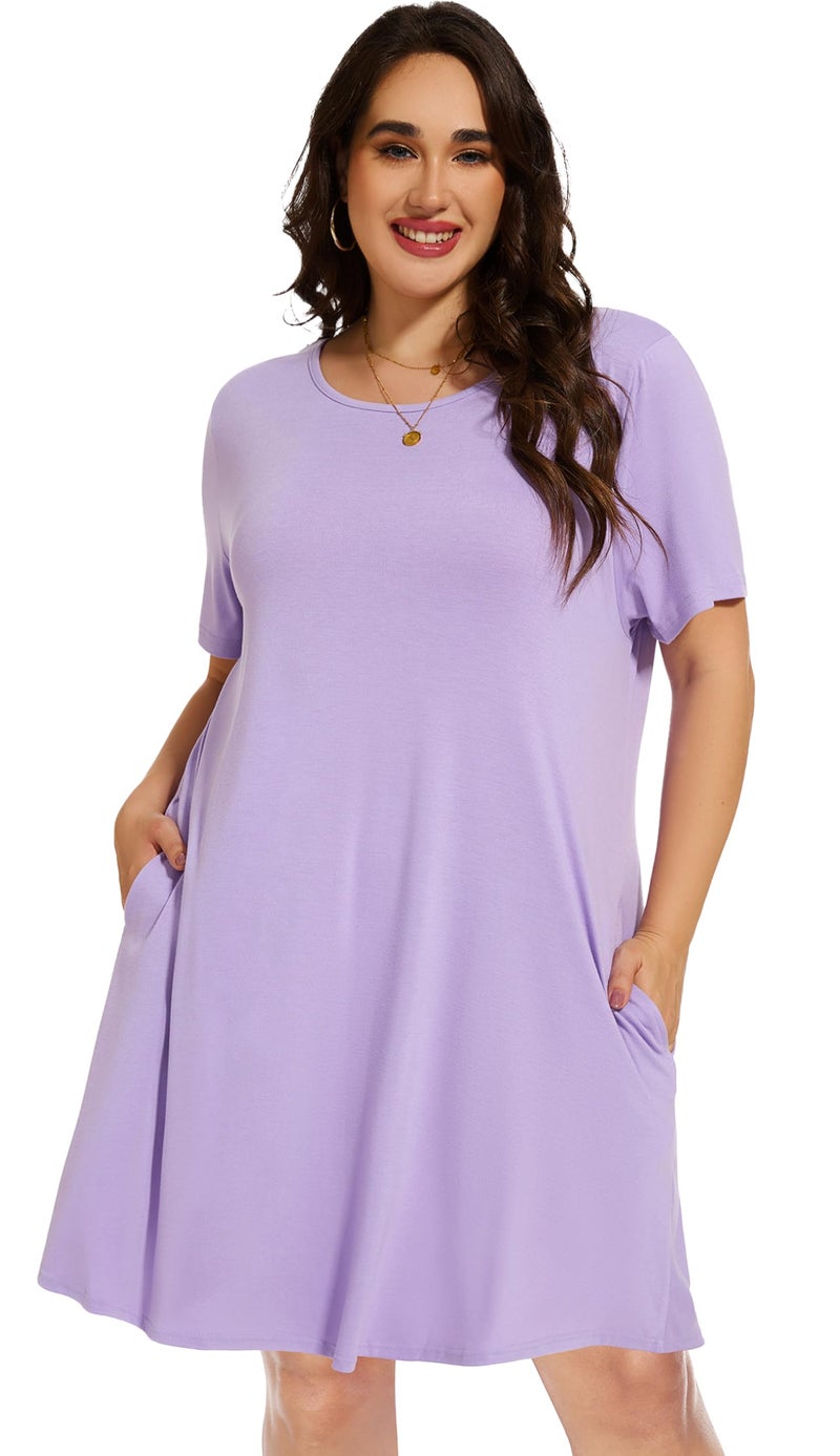 elescat Plus Size Summer Dresses for Women Casual Short Sleeve Pockets Loose Oversized T Shirt Sundress (Light Purple, 3XL) - Image 2